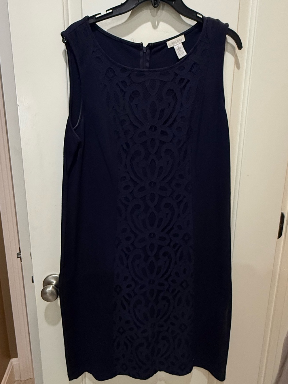 Chico's Navy Sleeveless Midi Dress with Lace-Panel Front